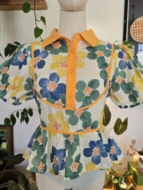 Umgee Floral Peplum Blouse Mustard Trim Puff Sleeve Top NWT Medium